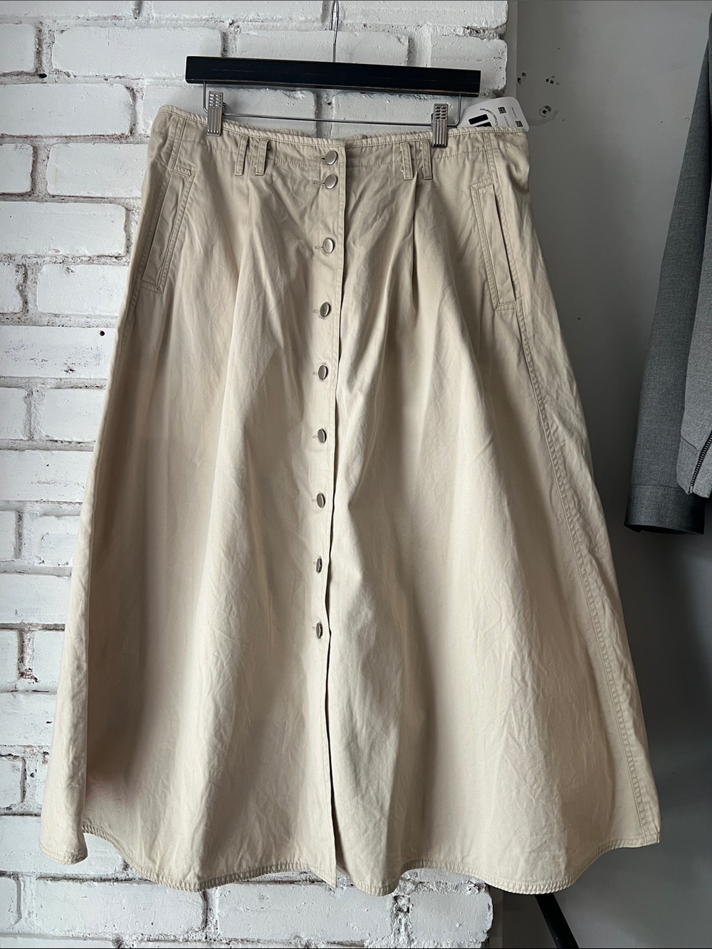 Vintage 90s 100% cotton Button-Front A-Line Midi Skirt in Beige